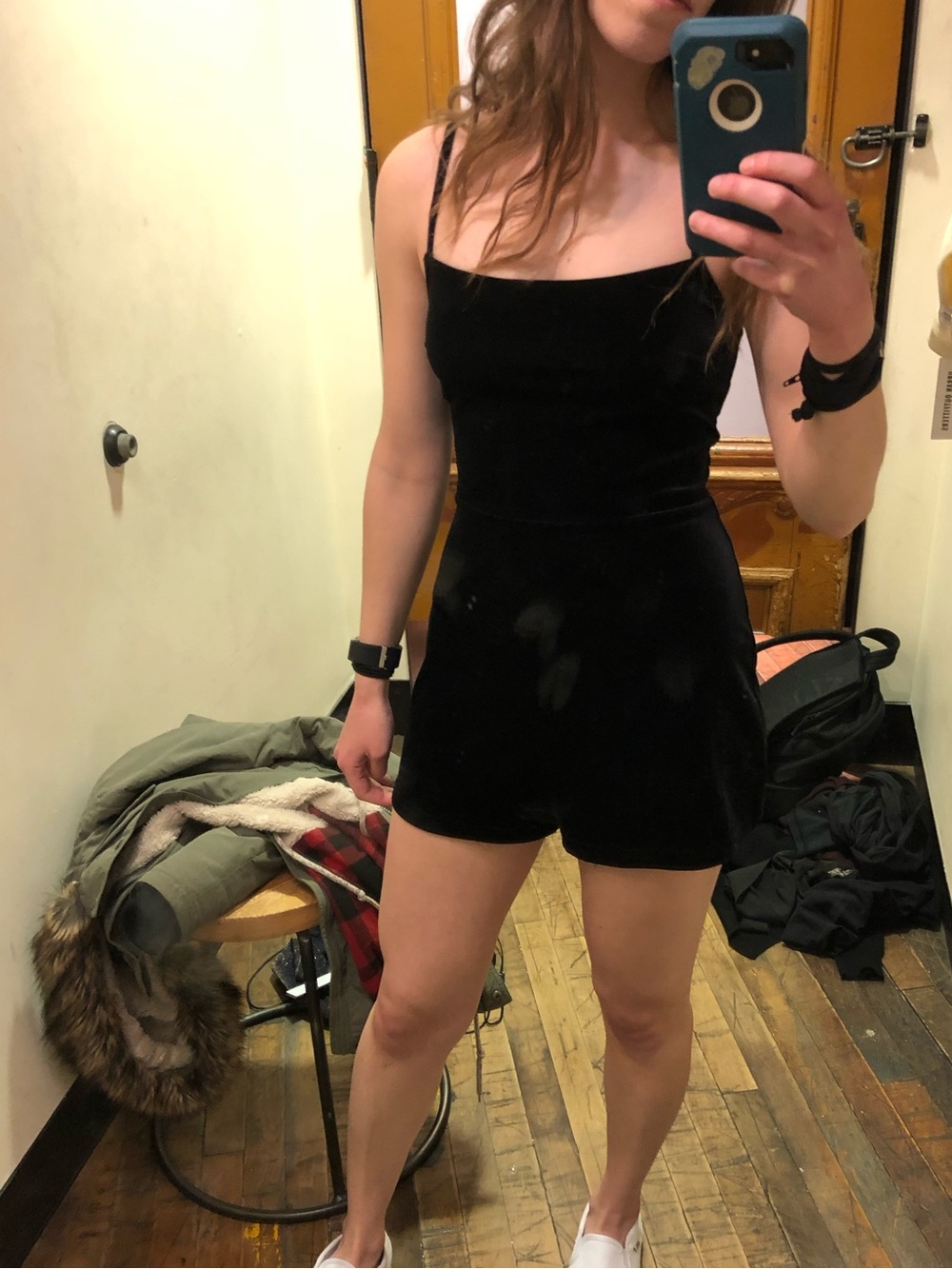 Black Velvet Mini Romper with Thin Straps